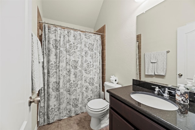 20206 Fossil Valley Ln, Cypress, TX 77433 - full bath with vanity, tile patterned floors, vaulted ceiling, and a shower with shower curtain