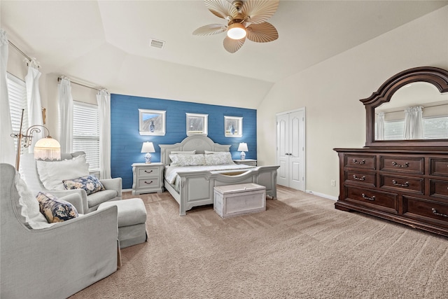20206 Fossil Valley Ln, Cypress, TX 77433 - bedroom with lofted ceiling, light carpet, and a ceiling fan
