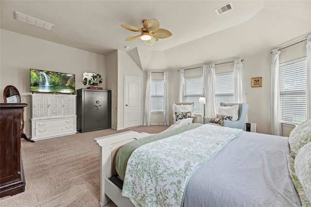 20206 Fossil Valley Ln, Cypress, TX 77433 - bedroom with carpet floors, a ceiling fan, and vaulted ceiling