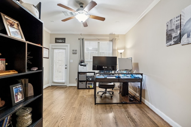 5706 Blossom St, Houston, TX 77007 - home office featuring a ceiling fan, wood finished floors, and ornamental molding