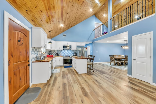 4214 Cross Cut, Cleveland, TX 77328 - kitchen featuring appliances with stainless steel finishes, high vaulted ceiling, a kitchen bar, wood ceiling, and light wood finished floors