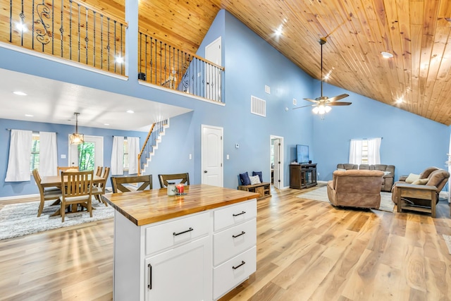 4214 Cross Cut, Cleveland, TX 77328 - kitchen with butcher block counters, ceiling fan, light wood-style flooring, open floor plan, and wood ceiling