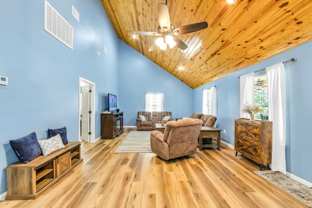 4214 Cross Cut, Cleveland, TX 77328 - living room with wood ceiling, light wood-style floors, ceiling fan, and high vaulted ceiling