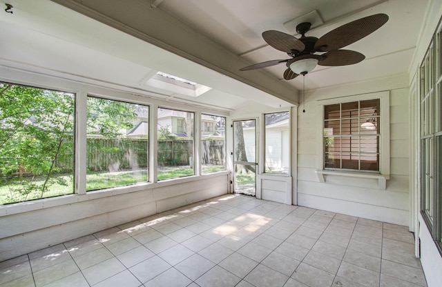 3623 Beech Hill Dr, Spring, TX 77388 - unfurnished sunroom featuring healthy amount of natural light, ceiling fan, and a skylight