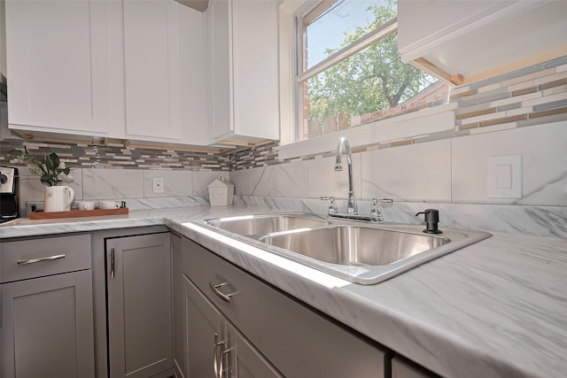 4323 Trafalgar Dr, Houston, TX 77045 - kitchen featuring gray cabinets, backsplash, and white cabinetry