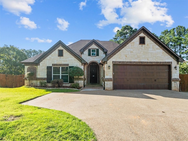 1207 Marigold Ln, Longview, TX 75604 - french country style house featuring stone siding, asphalt driveway, and an attached garage