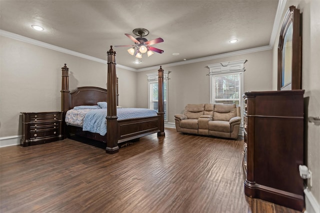 1207 Marigold Ln, Longview, TX 75604 - bedroom featuring dark wood finished floors, ceiling fan, recessed lighting, and crown molding