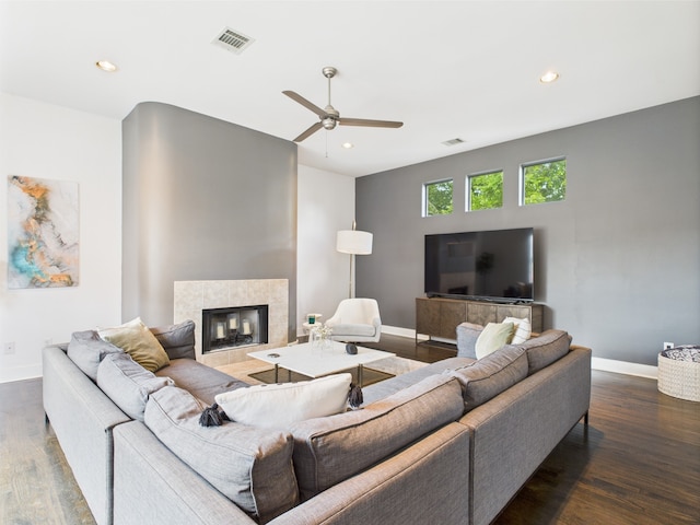 5810 Darling St Unit F, Houston, TX 77007 - living room featuring ceiling fan, recessed lighting, wood finished floors, and a tile fireplace