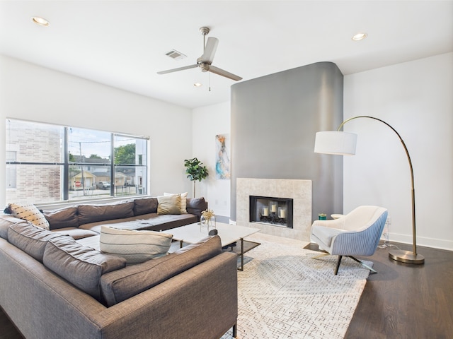 5810 Darling St Unit F, Houston, TX 77007 - living area featuring a ceiling fan, wood finished floors, recessed lighting, and a fireplace