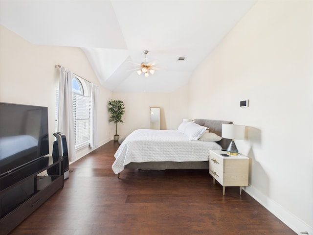 5810 Darling St Unit F, Houston, TX 77007 - bedroom featuring lofted ceiling, dark wood finished floors, and ceiling fan
