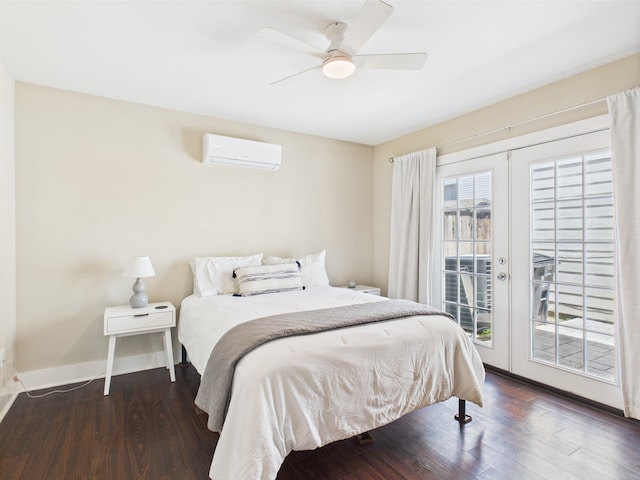 5810 Darling St Unit F, Houston, TX 77007 - bedroom with a wall unit AC, access to exterior, wood finished floors, and a ceiling fan