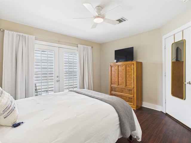 5810 Darling St Unit F, Houston, TX 77007 - bedroom with dark wood-style floors, ceiling fan, and access to exterior