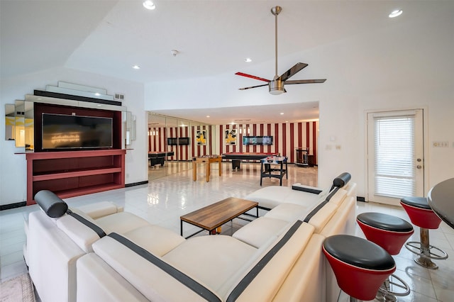 10730 Braes Bayou Dr, Houston, TX 77071 - living room with vaulted ceiling, recessed lighting, a ceiling fan, billiards table, and tile patterned flooring