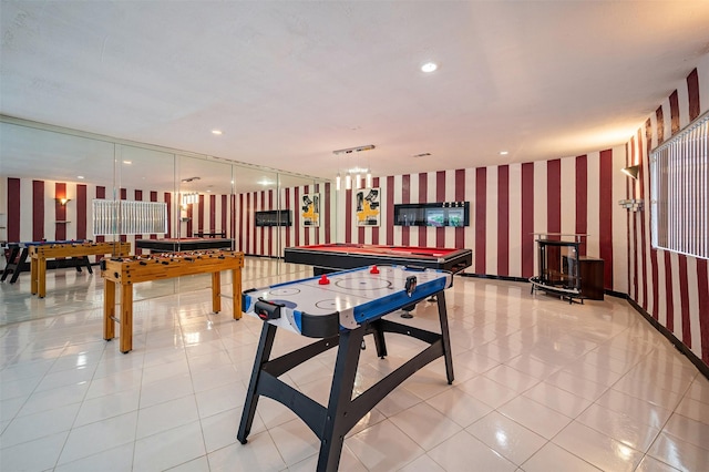 10730 Braes Bayou Dr, Houston, TX 77071 - rec room featuring wallpapered walls, pool table, light tile patterned floors, and recessed lighting