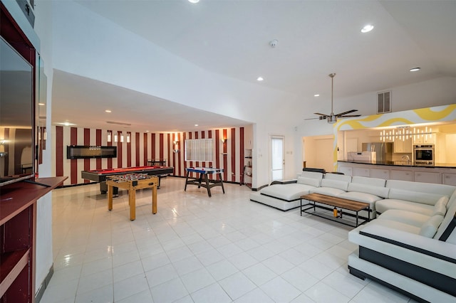 10730 Braes Bayou Dr, Houston, TX 77071 - tiled living area with lofted ceiling, billiards table, recessed lighting, and ceiling fan