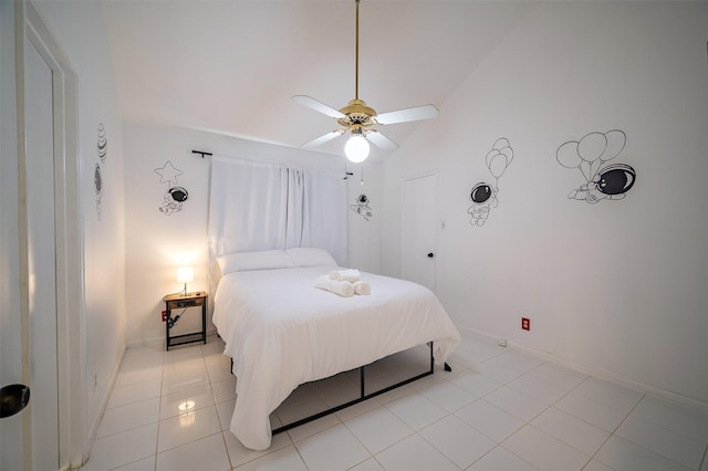 10730 Braes Bayou Dr, Houston, TX 77071 - bedroom featuring light tile patterned flooring, lofted ceiling, and a ceiling fan