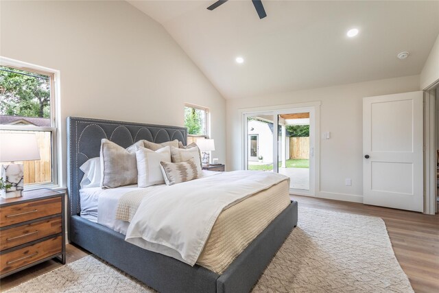 5318 Hialeah Dr, Houston, TX 77092 - bedroom featuring access to exterior, wood finished floors, high vaulted ceiling, recessed lighting, and a ceiling fan