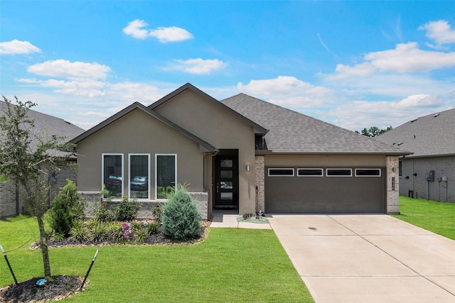 14320 Yellow Hawthorn Ct, Conroe, TX 77384 - ranch-style home with an attached garage, stucco siding, a front yard, concrete driveway, and roof with shingles