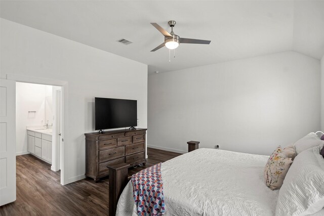 14320 Yellow Hawthorn Ct, Conroe, TX 77384 - bedroom with dark wood-type flooring, lofted ceiling, and a ceiling fan