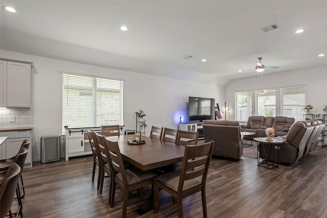 14320 Yellow Hawthorn Ct, Conroe, TX 77384 - dining space with dark wood-type flooring, ceiling fan, and recessed lighting