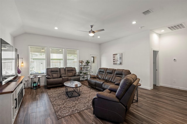 14320 Yellow Hawthorn Ct, Conroe, TX 77384 - living room featuring a ceiling fan, dark wood finished floors, recessed lighting, and vaulted ceiling