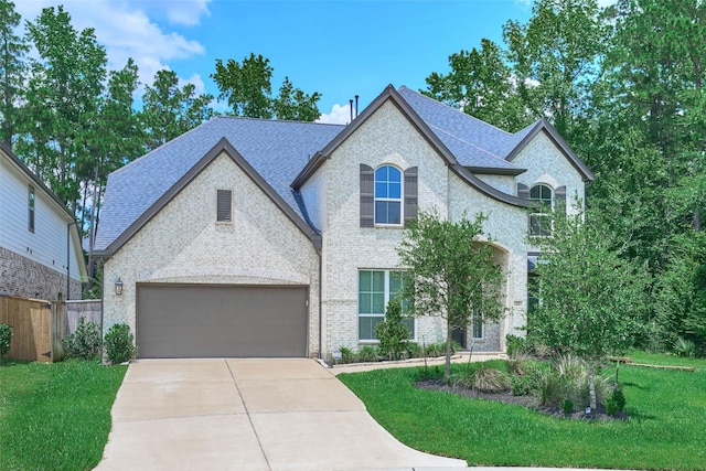 237 Patina Sorrel Dr, Montgomery, TX 77316 - french country style house with driveway, brick siding, a garage, and a shingled roof