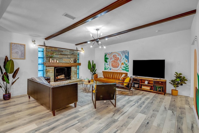 5918 Lattimer Dr, Houston, TX 77035 - living room featuring beam ceiling, wood finished floors, a fireplace, and a chandelier
