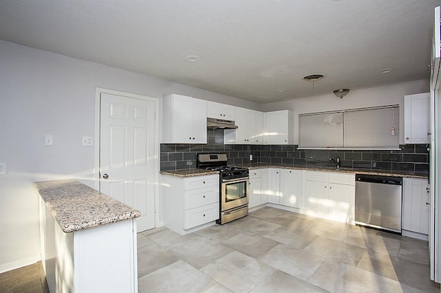 6407 Nuben St, Houston, TX 77091 - kitchen with appliances with stainless steel finishes, tasteful backsplash, light stone countertops, and white cabinets