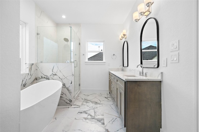 1011 E 28th St, Houston, TX 77009 - full bathroom featuring a soaking tub, double vanity, a marble finish shower, and marble finish floors
