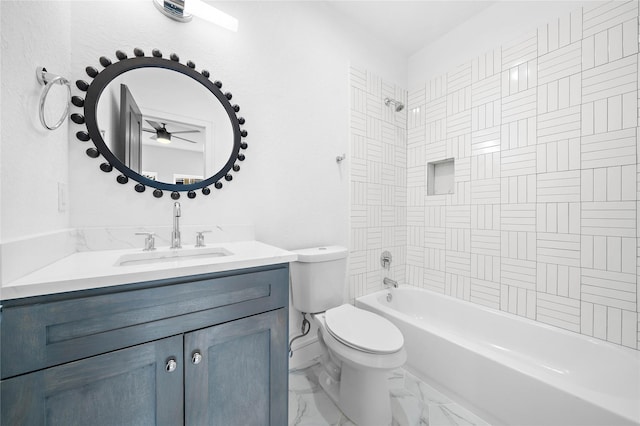 1011 E 28th St, Houston, TX 77009 - bathroom featuring a ceiling fan, vanity, shower / bathtub combination, and marble finish floors