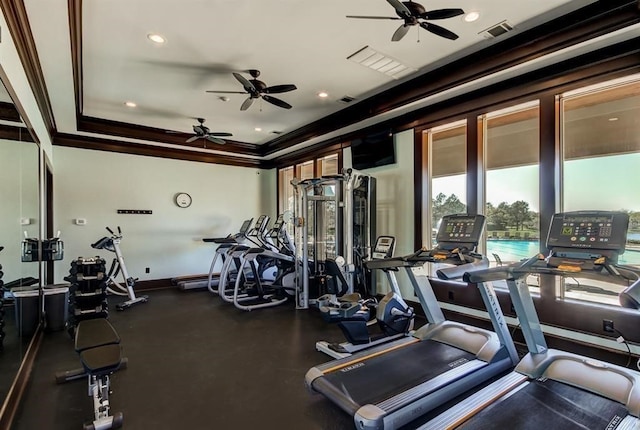 12210 Pebble Mdws, Houston, TX 77041 - workout area with ceiling fan and crown molding