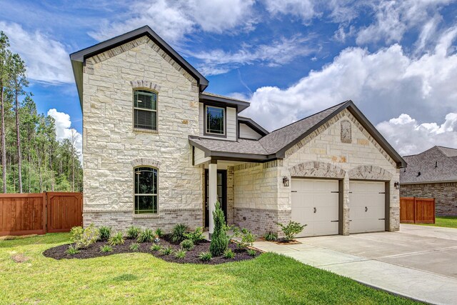 1563 Rd 66114, Dayton, TX 77535 - french country home featuring stone siding, concrete driveway, an attached garage, and a shingled roof