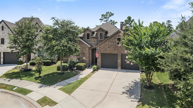 16711 Ramsay Cascades Dr, Humble, TX 77346 - french country home with brick siding, concrete driveway, a front lawn, a garage, and a chimney