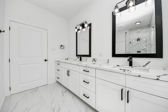 8023 Brandon St, Houston, TX 77051 - full bathroom with a marble finish shower, double vanity, and marble finish floors