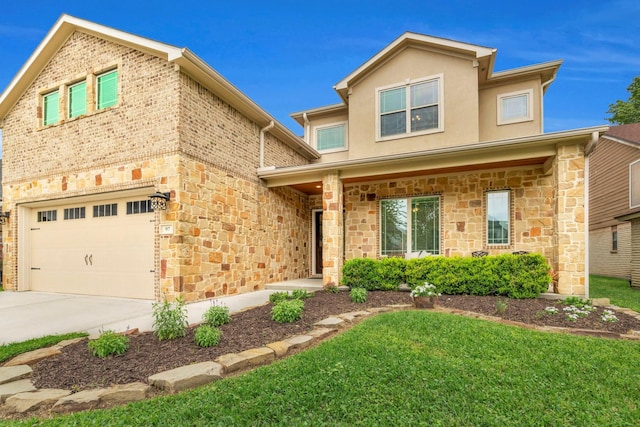 97 La Costa Dr, Montgomery, TX 77356 - view of front of house with a garage, stone siding, a front lawn, and driveway