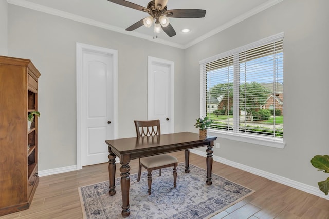 97 La Costa Dr, Montgomery, TX 77356 - office with a ceiling fan, crown molding, light wood-type flooring, and recessed lighting