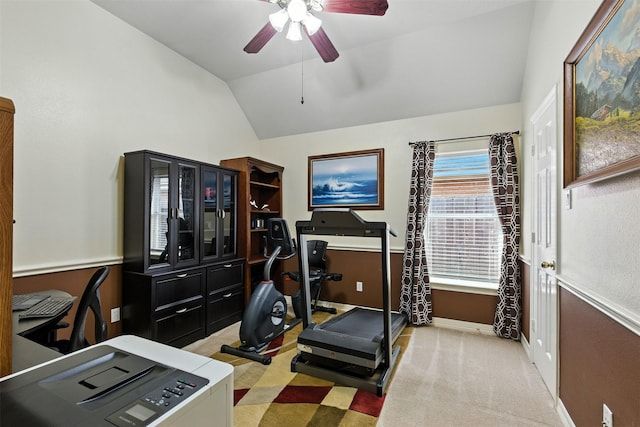 11506 Amber Canyon Dr, Houston, TX 77095 - workout area with vaulted ceiling, a ceiling fan, and carpet floors