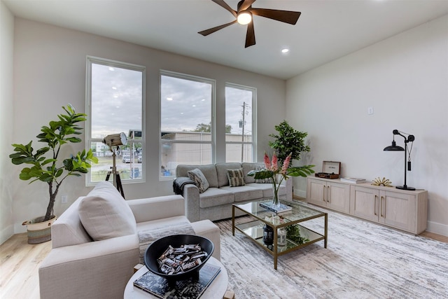 1306 Evelyn St, Houston, TX 77009 - living room with light wood-type flooring, a ceiling fan, and recessed lighting