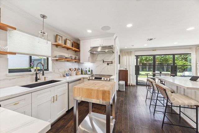 12118 Queensbury Ln, Houston, TX 77024 - kitchen with stainless steel appliances, under cabinet range hood, white cabinets, tasteful backsplash, and dark wood finished floors