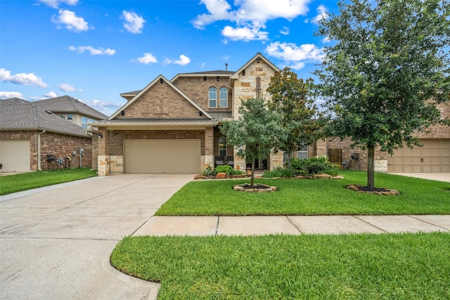 10002 Mahaffey Rd, Tomball, TX 77375 - view of front of home with stone siding, driveway, a front yard, a garage, and a standing seam roof