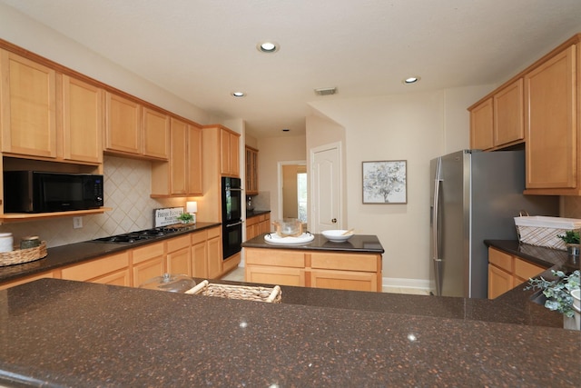 17430 Autumn Oak Way, Spring, TX 77379 - kitchen featuring black appliances, backsplash, a kitchen island, light brown cabinets, and recessed lighting
