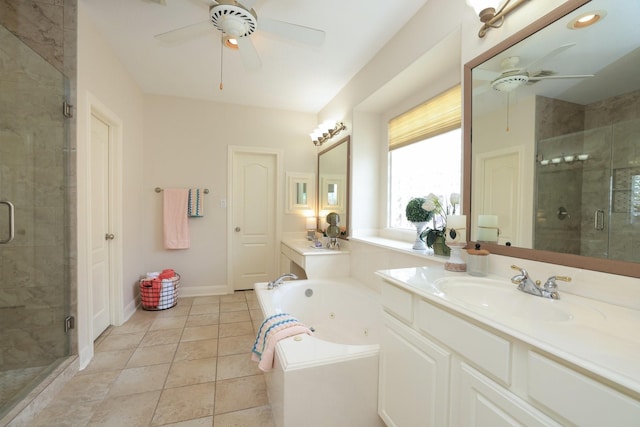 17430 Autumn Oak Way, Spring, TX 77379 - full bath with a ceiling fan, a tub with jets, vanity, a stall shower, and tile patterned flooring