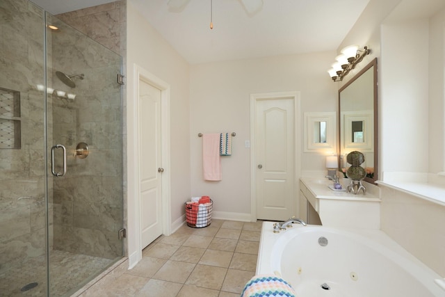17430 Autumn Oak Way, Spring, TX 77379 - full bathroom featuring a shower stall, a jetted tub, tile patterned flooring, and vanity