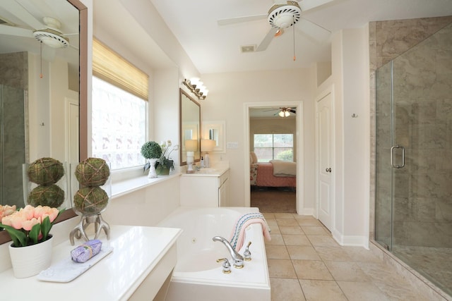 17430 Autumn Oak Way, Spring, TX 77379 - ensuite bathroom with a ceiling fan, a shower stall, a tub with jets, vanity, and tile patterned flooring