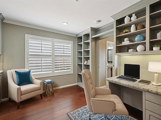 1135 Ivy Ln, Beaumont, TX 77706 - office space with crown molding, hardwood / wood-style floors, and built in desk