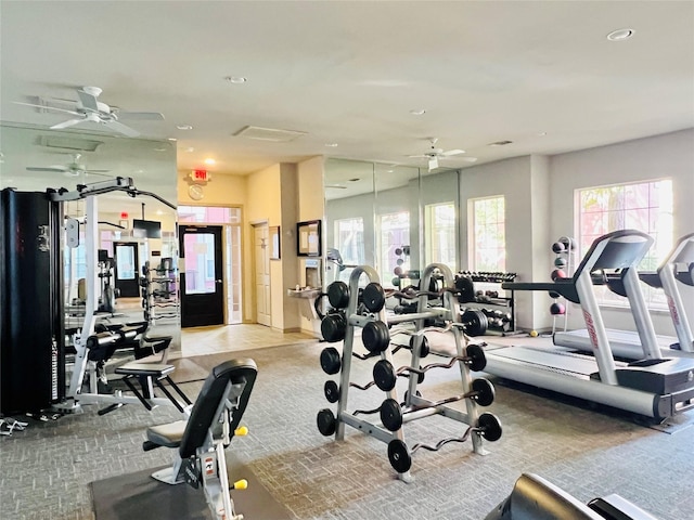 2400 Mccue Rd Unit 345, Houston, TX 77056 - workout area featuring ceiling fan, light colored carpet, and recessed lighting