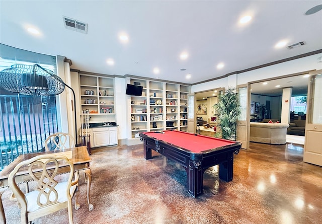 2400 Mccue Rd Unit 345, Houston, TX 77056 - playroom featuring concrete floors, recessed lighting, billiards table, and crown molding