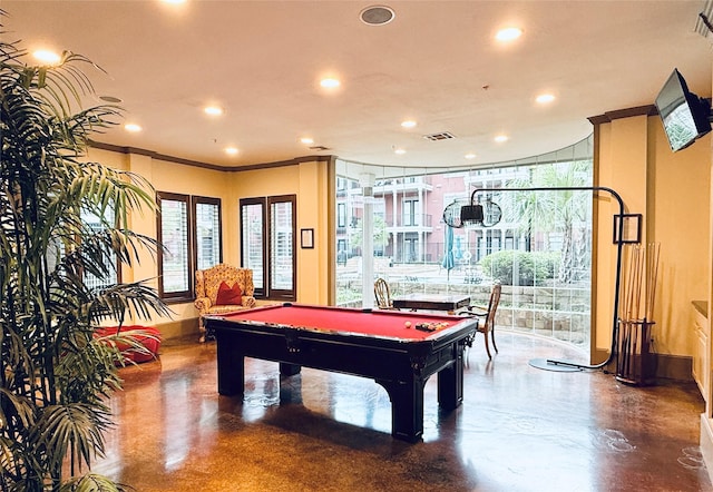 2400 Mccue Rd Unit 345, Houston, TX 77056 - rec room with ornamental molding, recessed lighting, pool table, and concrete floors