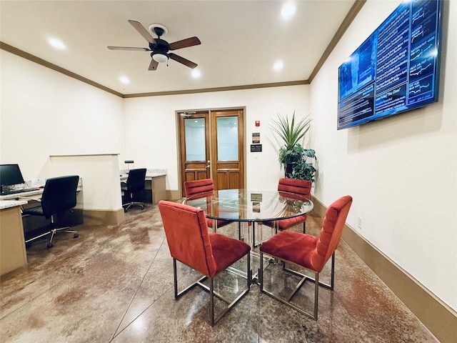 2400 Mccue Rd Unit 345, Houston, TX 77056 - dining area featuring ornamental molding, an office area, a ceiling fan, recessed lighting, and french doors