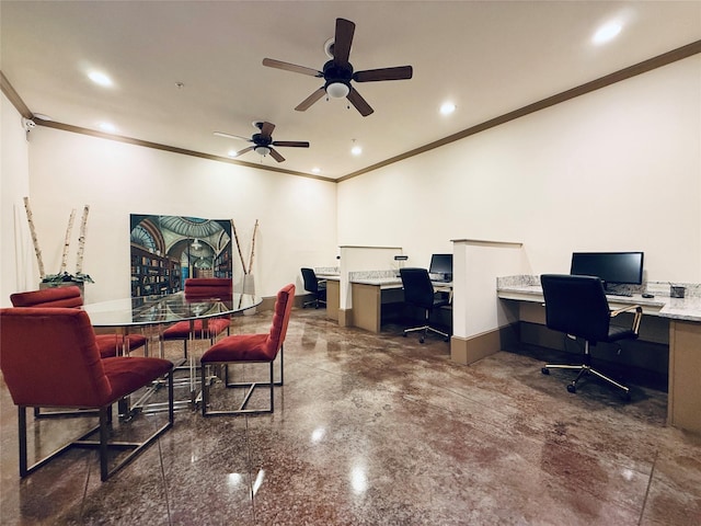 2400 Mccue Rd Unit 345, Houston, TX 77056 - office with ornamental molding, a ceiling fan, recessed lighting, and built in desk